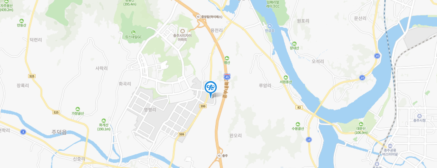 충주공장 지도 : 충주 공용버스터미널에서 105번 버스 승차 후 가정 저류장에서 하차, 약 700미터 도보